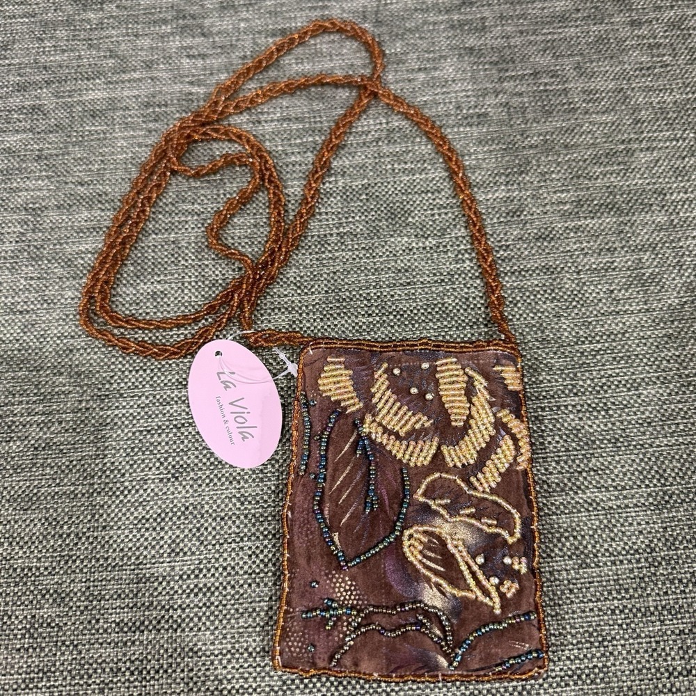 La Viola Brown Gold Purple Floral Beaded Y2K Crossbody Mini Purse 4" x 3" NWT